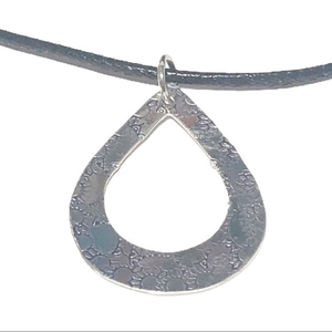 Handmade stamped silver sunflower teardrop adjustable‎ black leather necklace